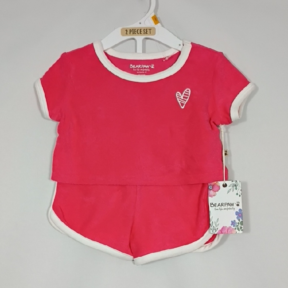 NWT Bearpaw Terry Red Heart Short Sleeve Short Set Toddler Girls Size 2T